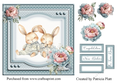 Twin Baby Bunny Boys 7x7 Card Topper
