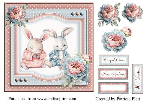 Twin Bunny Babies Boy and Girl 7x7 Card Topper