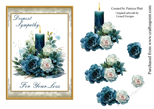 5x7 Blue and White Roses Candle Sympathy card topper