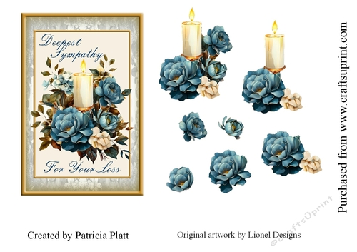 4x6 Blue and White Roses Candle Sympathy card topper