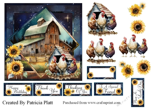 Sunflowers, Barn and Chickens Square in Squares Topper
