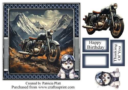 Mountain Motorcycle and Husky Pup Birthday Topper