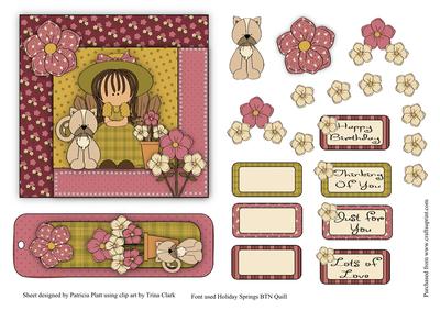 Flower Girl with Her Cat Topper and Bookmark