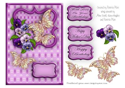 Birthday Purple Pansies and Butterflies Topper