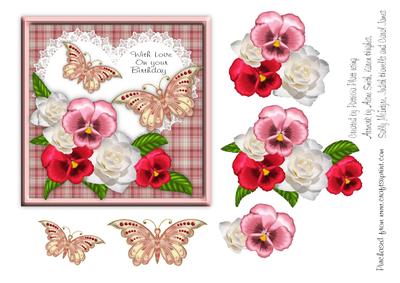 Pansies and Camillias with Butterflies Heart Birthday Topper