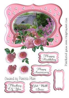 Thatched Cottage and Pink Roses Decoupage Topper