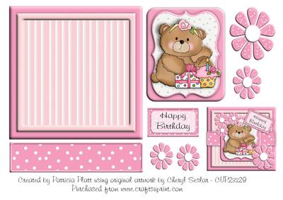 Cute Teddy Bear Pink Square Layer Card Topper