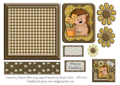 Hedgehog and Flowers Brown Square Layered Card Topper