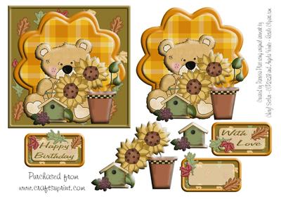 Sunflower Teddy Bear Birthday with Love Square Topper
