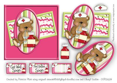 Get Well Soon Pink Teddy Square Card Topper