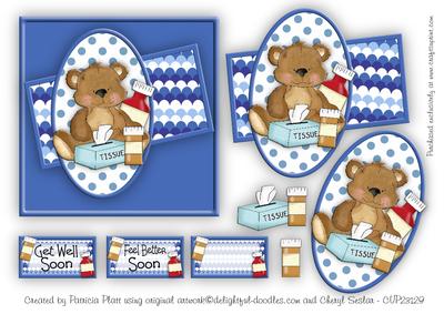 Get Well Soon Blue Teddy Square Topper