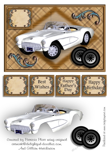 White Corvette Card Topper for Fathers Day, Birthday or Various Occasions