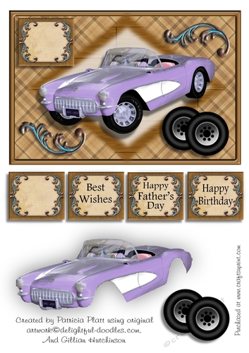 Lavendar Corvette Card Topper for Birthday, Fathers Day or Various Occasions
