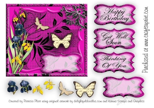 Iris and Butterflies Fuschia square Topper Various Occasions