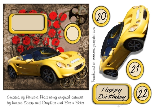 Grunge Yellow Sports Car Male Age Birthday Square Card Topper 20, 21, 22