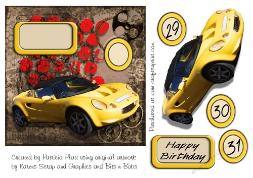 Grunge Yellow Sports Car Male Age Birthday Square Card Topper 29, 30. 31