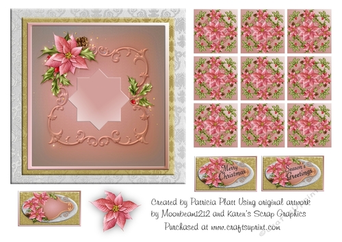Christmas Pink Poinsettia Ornate Square Teabags and Topper