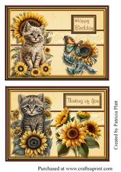 Two Quick Sunflowers And Cats Toppers Happy Birthday and Thinking of You