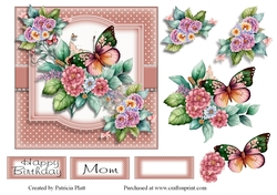 Pink Flowers and Butterflies 6x6 card topper