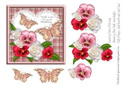 Pansies and Camillias with Butterflies Heart Birthday Topper