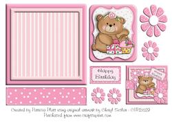 Cute Teddy Bear Pink Square Layer Card Topper
