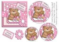 Birthday Teddy Pink Layered Square Circle Pyramid Topper