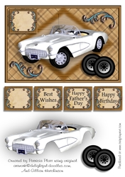 White Corvette Card Topper for Fathers Day, Birthday or Various Occasions
