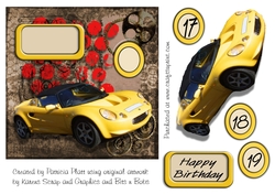 Grunge Yellow Sports Car Male Age Birthday Square Card Topper 17,18,19