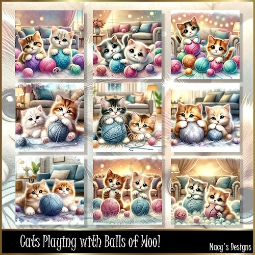 Cats Playing with Balls of  Wool