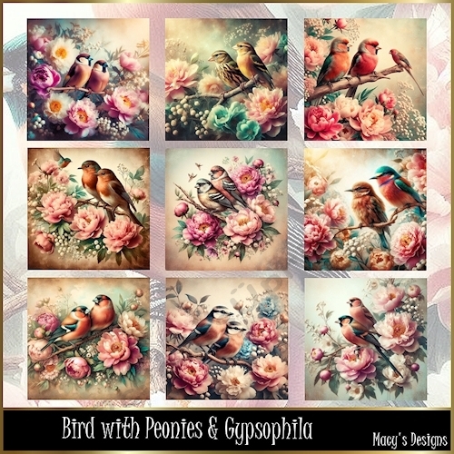 Birds with Peonies & Gypsohilia