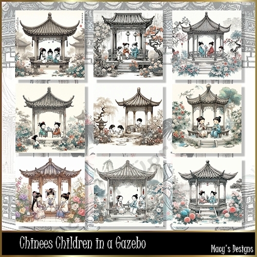 Chinees Children in a Gazebo - Illustrations for Cards