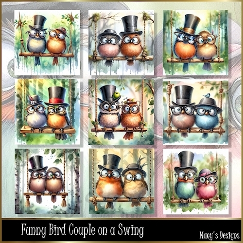 Funny Birds on a swing  - Illustrations for Cards