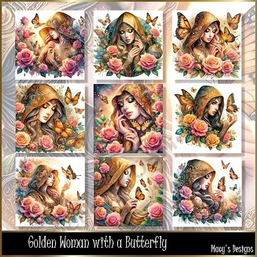 Golden Woman with Butterfly - Illustrations for Cards