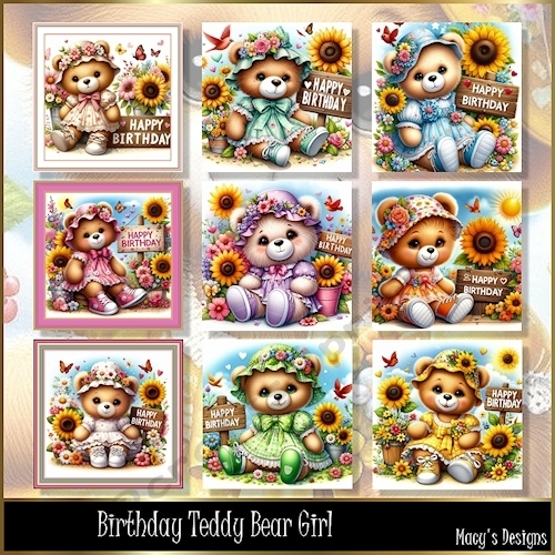 Birthday Teddy Bear Girl - Illustrations & Topper for Cards