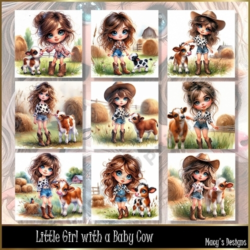 Little Girl with a Baby Cow - Illustrations for Cards