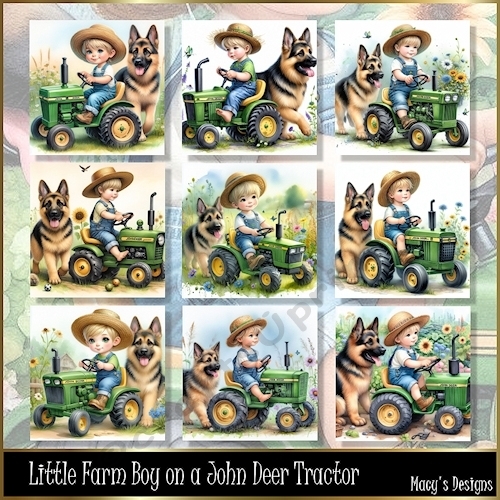 Little Farm Boy on a John Deer Tractor - Illustrations for Cards