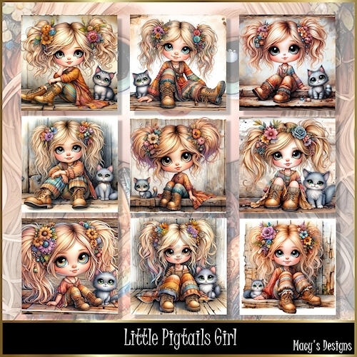 Little Pigtail Girl - Illustrations for Cards