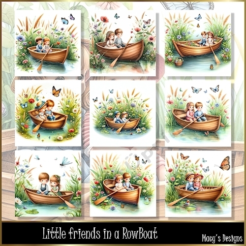 Little friends in a RowBoat - Illustrations for Cards