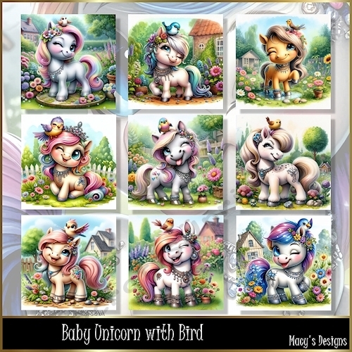 Baby Unicorn with Bird - Illustrations for Cards