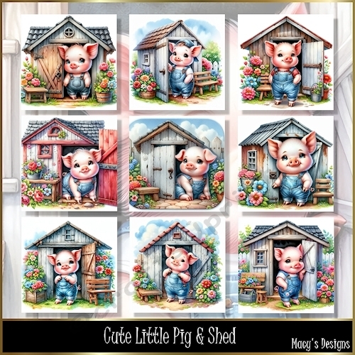 Cute Little Pig & Shed - Illustrations for Cards