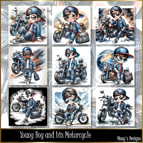 Young Boy and his Motorcycle - Illustrations for Cards
