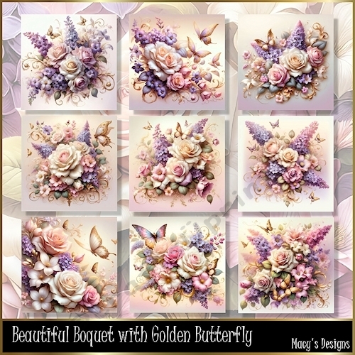 Beautiful Bouquet with Golden Butterfly - Illustrations for Cards