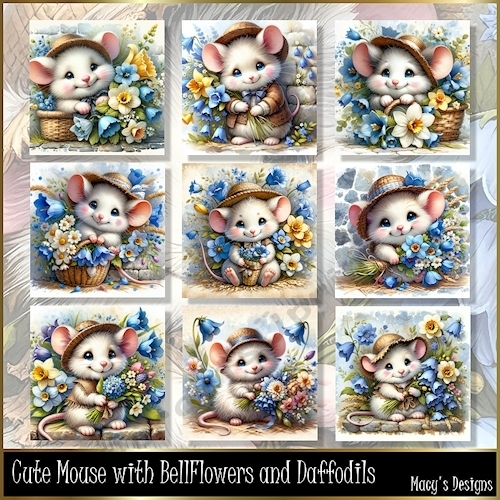 Cute Mouse with BellFlowers - Illustrations for Cards