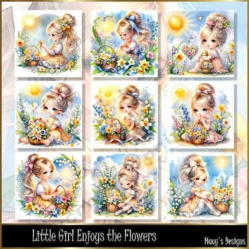 Little Girl Enjoys the Flowers - Illustrations for Cards