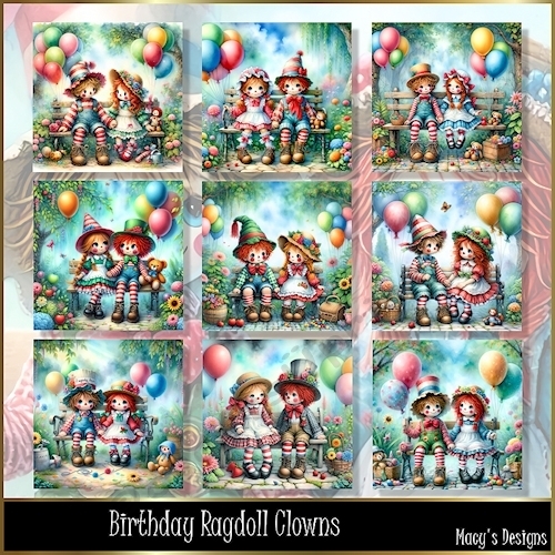 Birthday Ragdoll Clowns - Illustrations for Cards