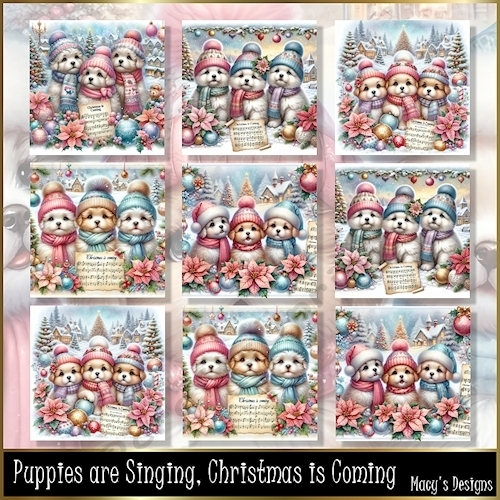 Puppies are Singing Christmas is Coming - Illustrations for Cards & Designers