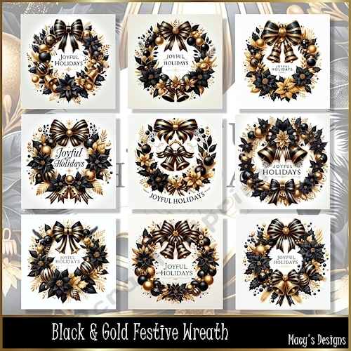 Black & Gold Festive Wreath - Illustrations for Cards & Designers