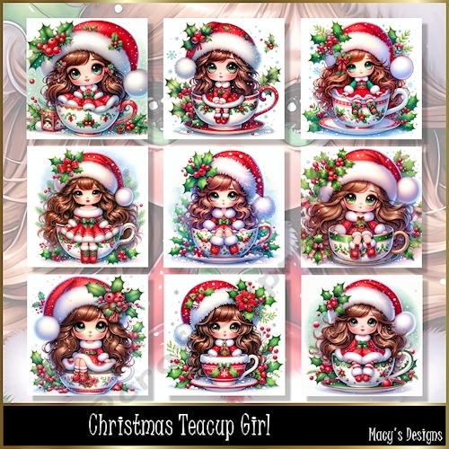 Christmas teacup Girl - Illustrations for Cards, Mini kits & Designers