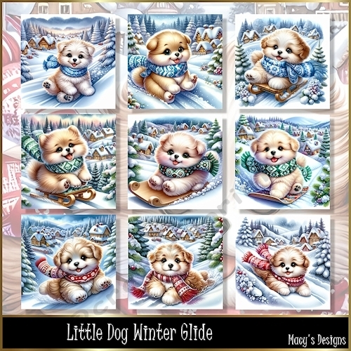 Little Dog Winter Glide 1 - Illustrations for Cards, Mini kits & Designers
