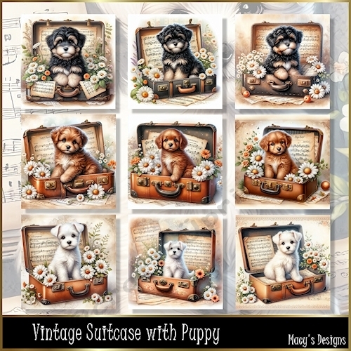 Vintage Suitcase with Puppy - Illustrations for Cards, Mini kits & Designers